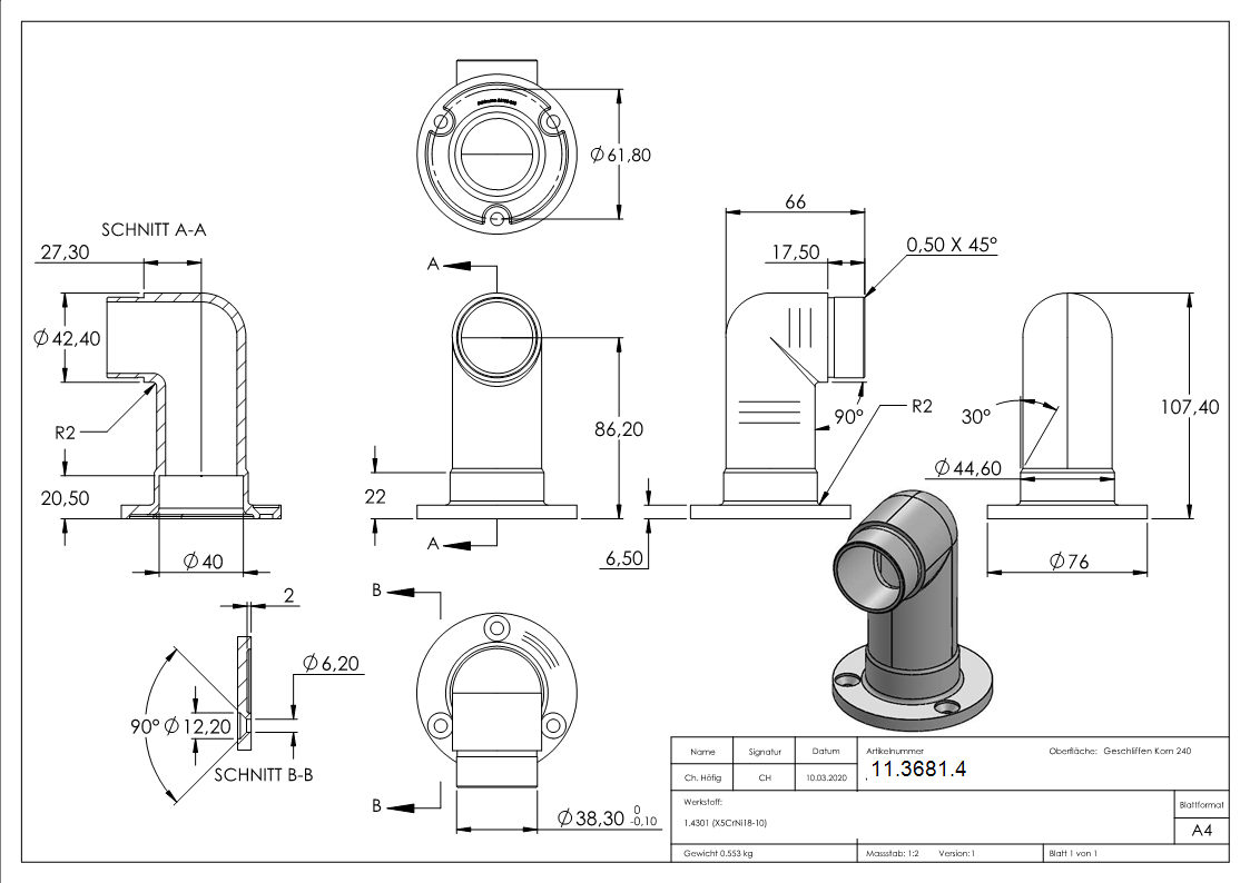 Wandhalter 90° lang fuer Rundrohr Ø 42-4x2-0 mm - V2A-11-3681.4