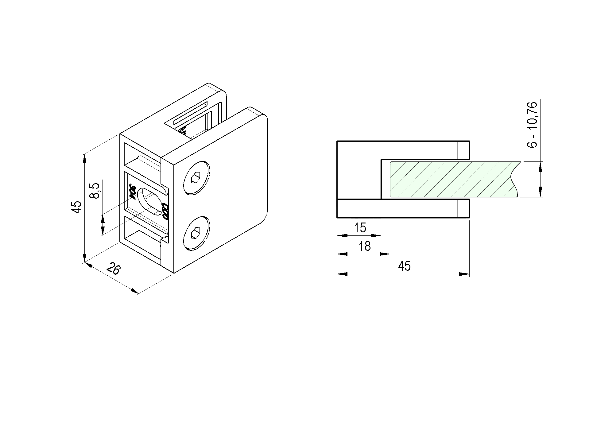 Glasklemme Edelstahl V2A fuer Glas- - Blechfuellung- flacher Anschluss- geschliffen-89-11A2300000-A.4