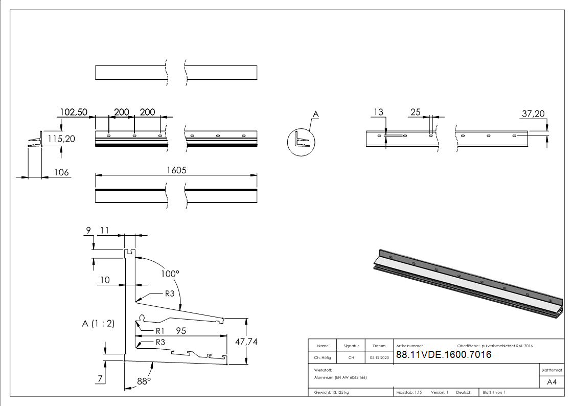 Vordachprofil Aluminium L = 1605 mm pulverbeschichtet RAL 7016 mit ETA-88-11VDE-1600.7016