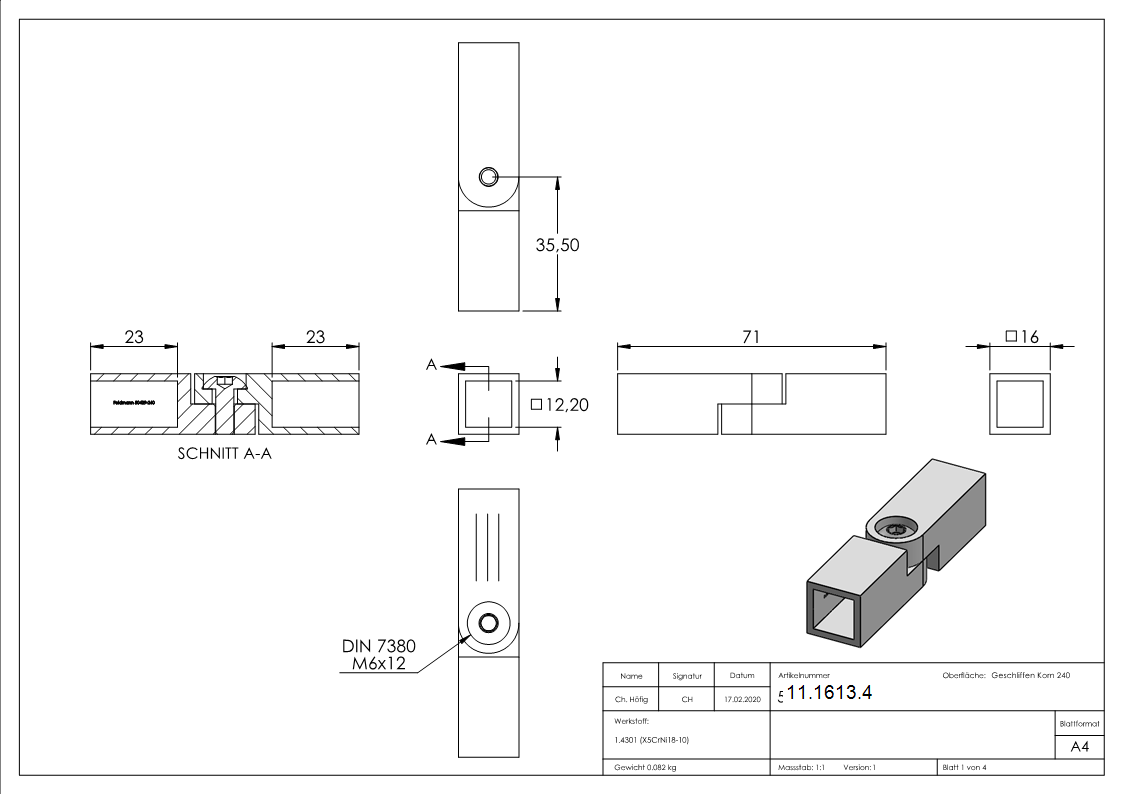Gelenkverbinder V2A fuer Vierkant 12x12 mm 0-95°-11-1613.4