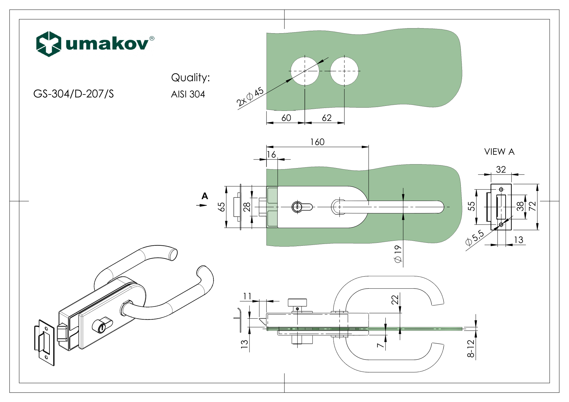 Glastuerschloss mit Drueckergarnitur PZ Edelstahl V2A fuer 8-12mm Glas-89-11GS304D207S-A.4