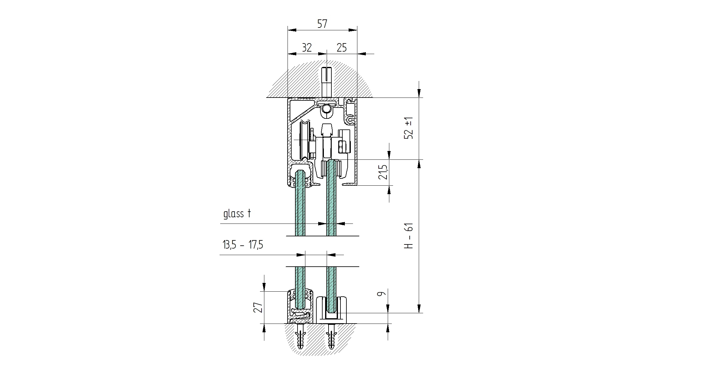 Glastuer Schiebetuer System Oberfuehrung AL- 3000mm- Softstop- 8-12mm Glas-89-11GSALP8106NESET-A.4