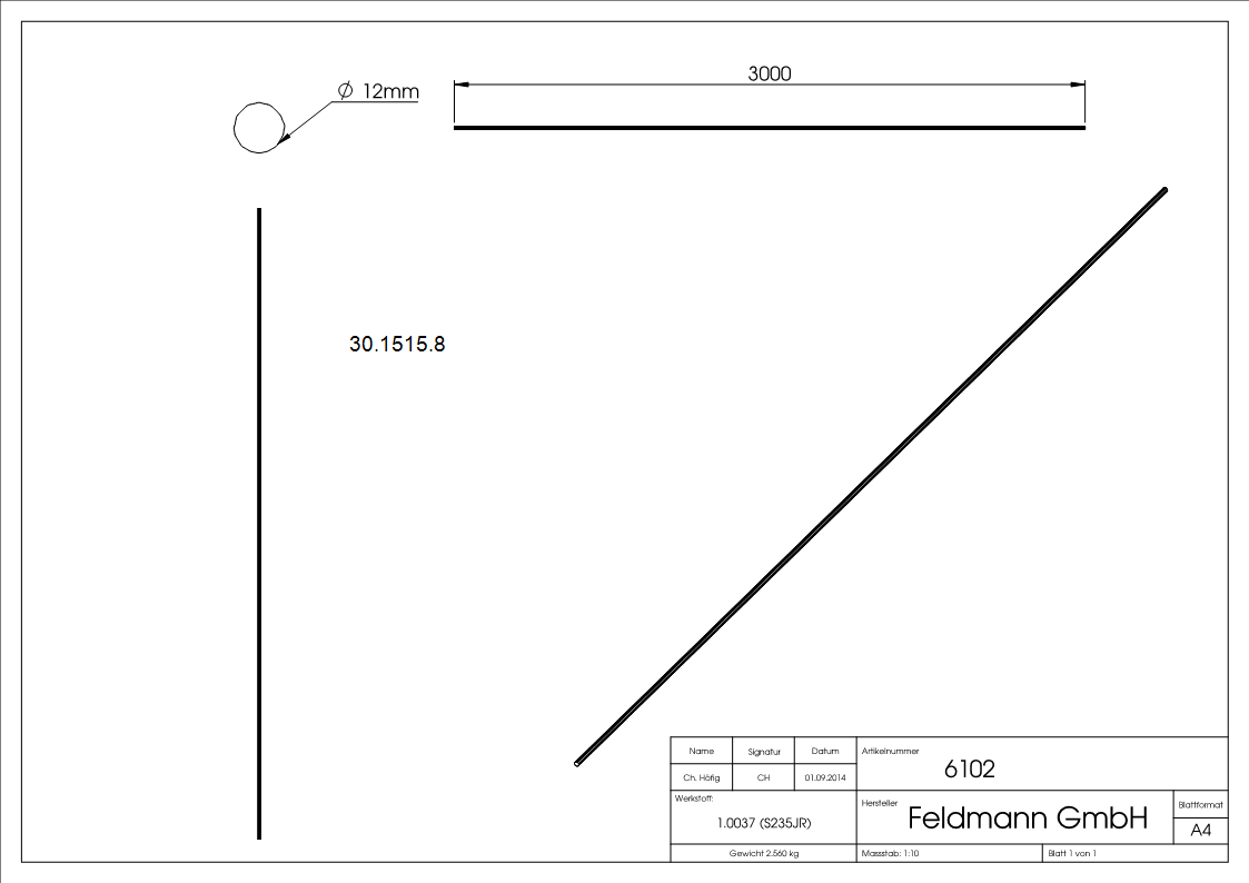 Rundeisen geschmiedet Ø 12 mm Laenge- 3000 mm Stahl -Roh- S235JR-30-1515.8