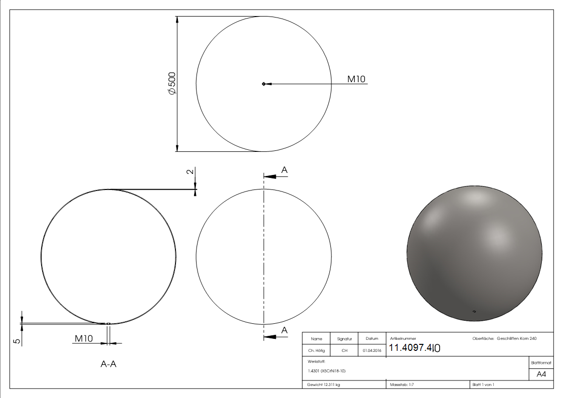 Hohlkugel Ø 500 mm mit Gewinde M10 V2A-11-4097.4