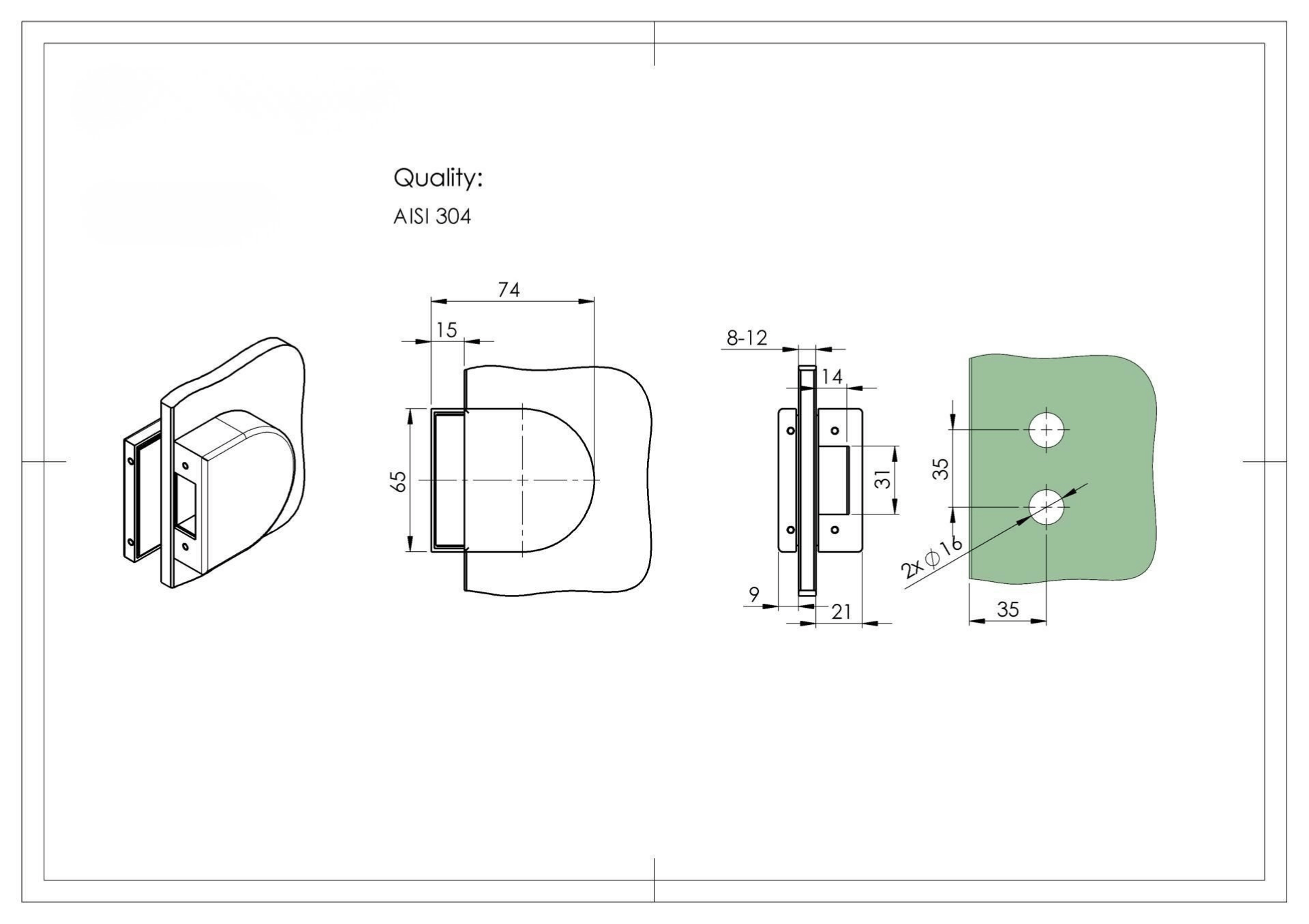 Schliessteil fuer Glastuer- 8-12mm Glasstaerke- Edelstahl AISI 304- geschliffen-89-11GS304DL18SS-A.4