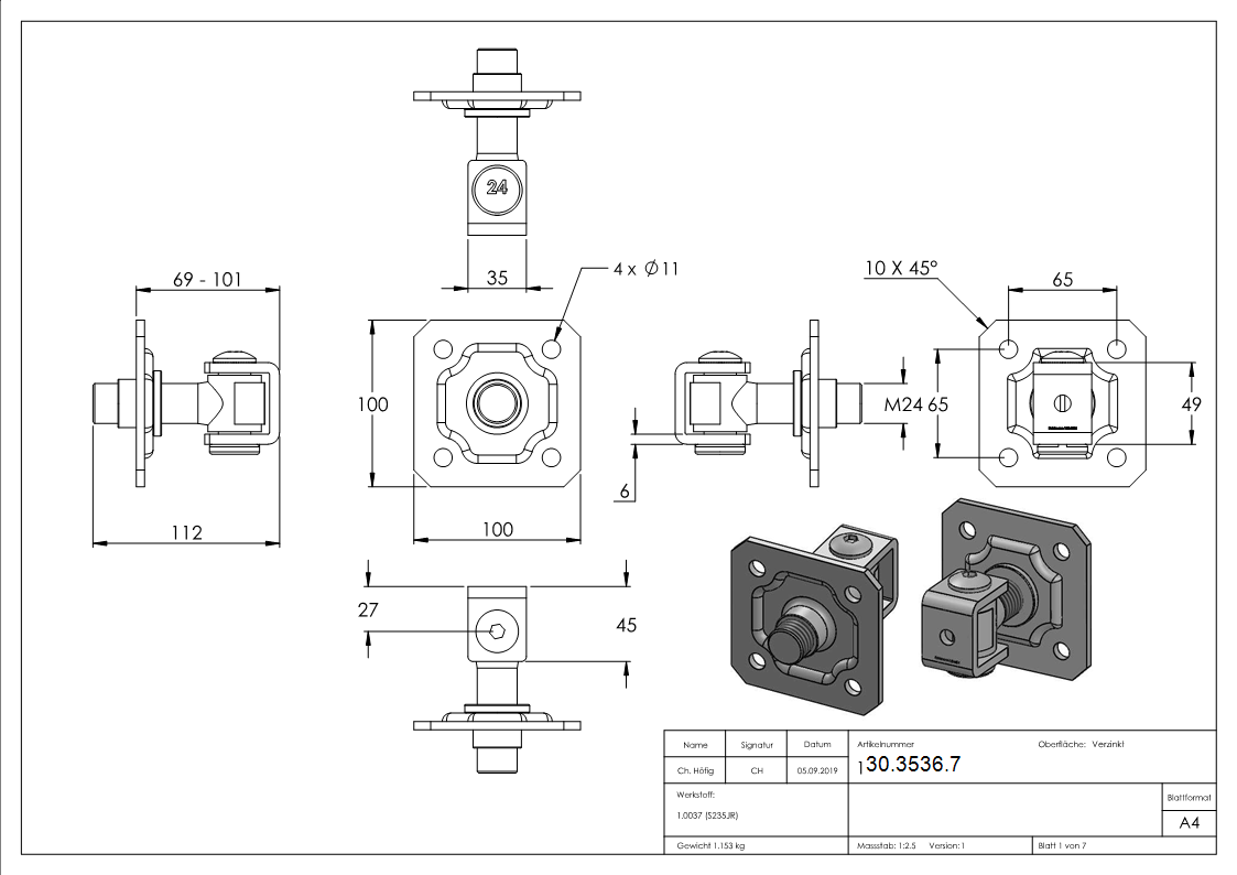 Torband M24 verstellbar mit Befestigungsplatte Stahl -Roh- S235JR-30-3536.7