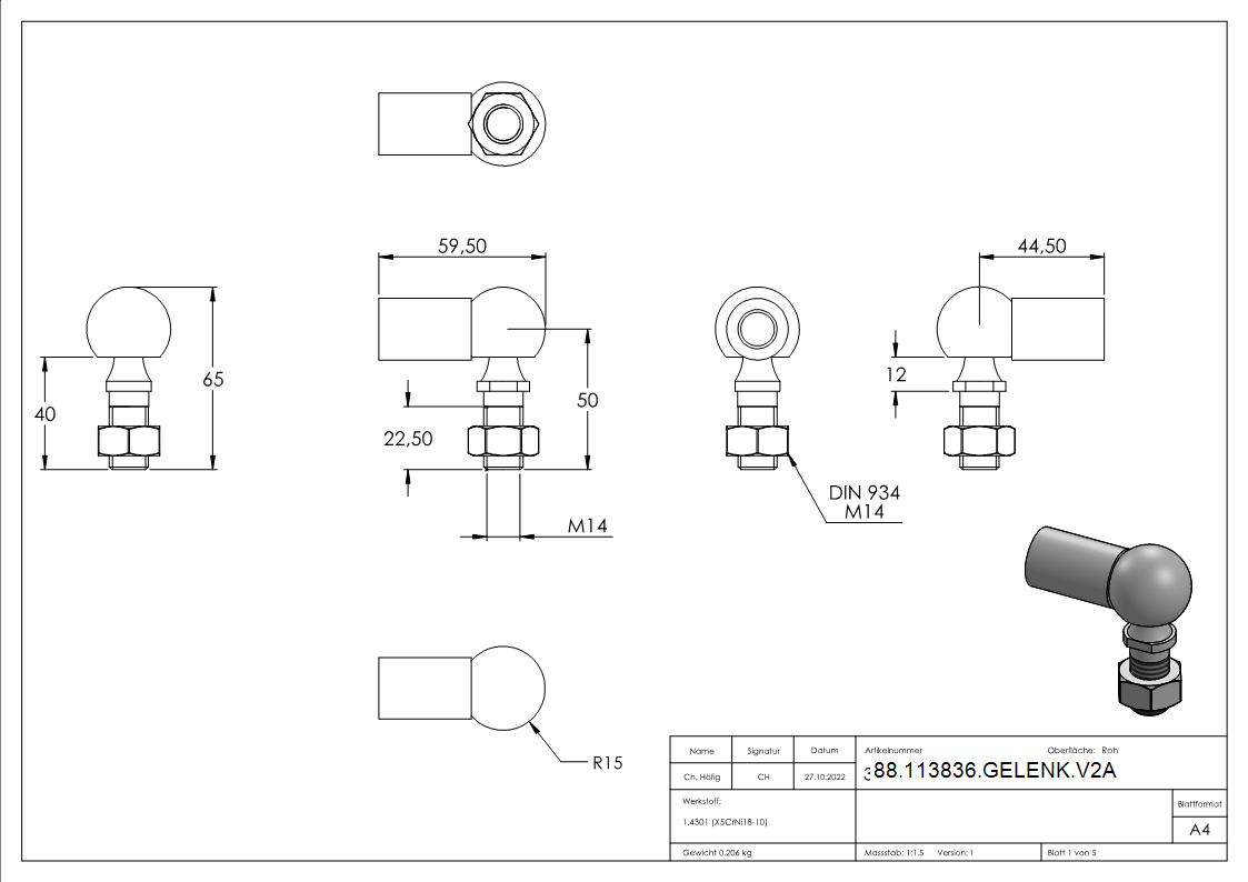 Kugelgelenk M14 x 2 mit Rechtsgewinde- ohne Schraube- V2A-88-113836-GELENK.V2A