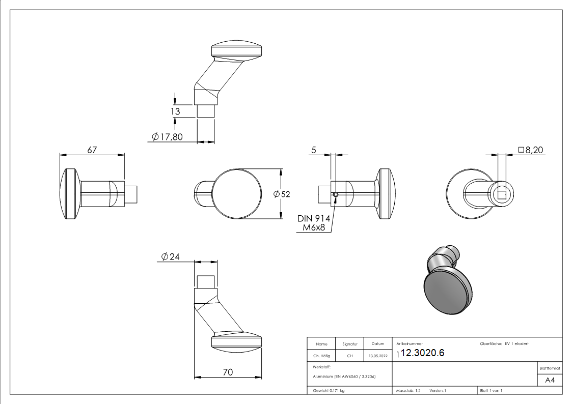 Alu-Tuerknopf gekroepft Ø 60 mm-12-3020.6