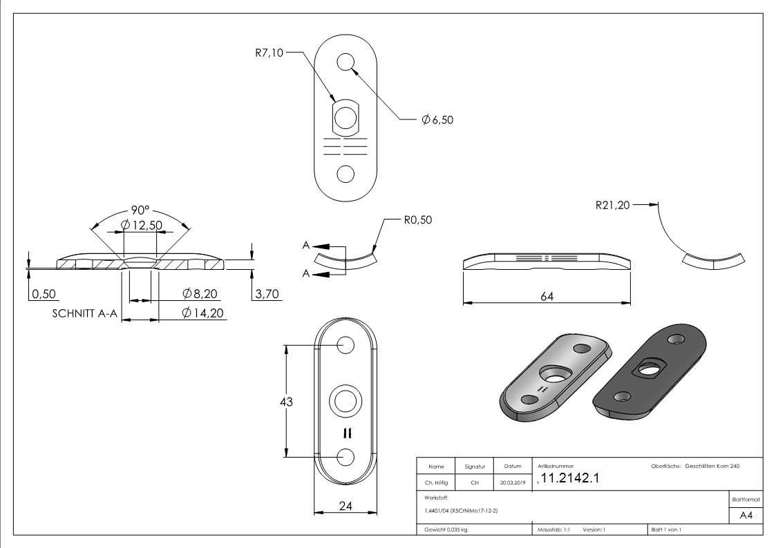Handlaufanschlussplatte 63x25x4 mm fuer Rohr Ø 42-4 mm V4A-11-2142.1