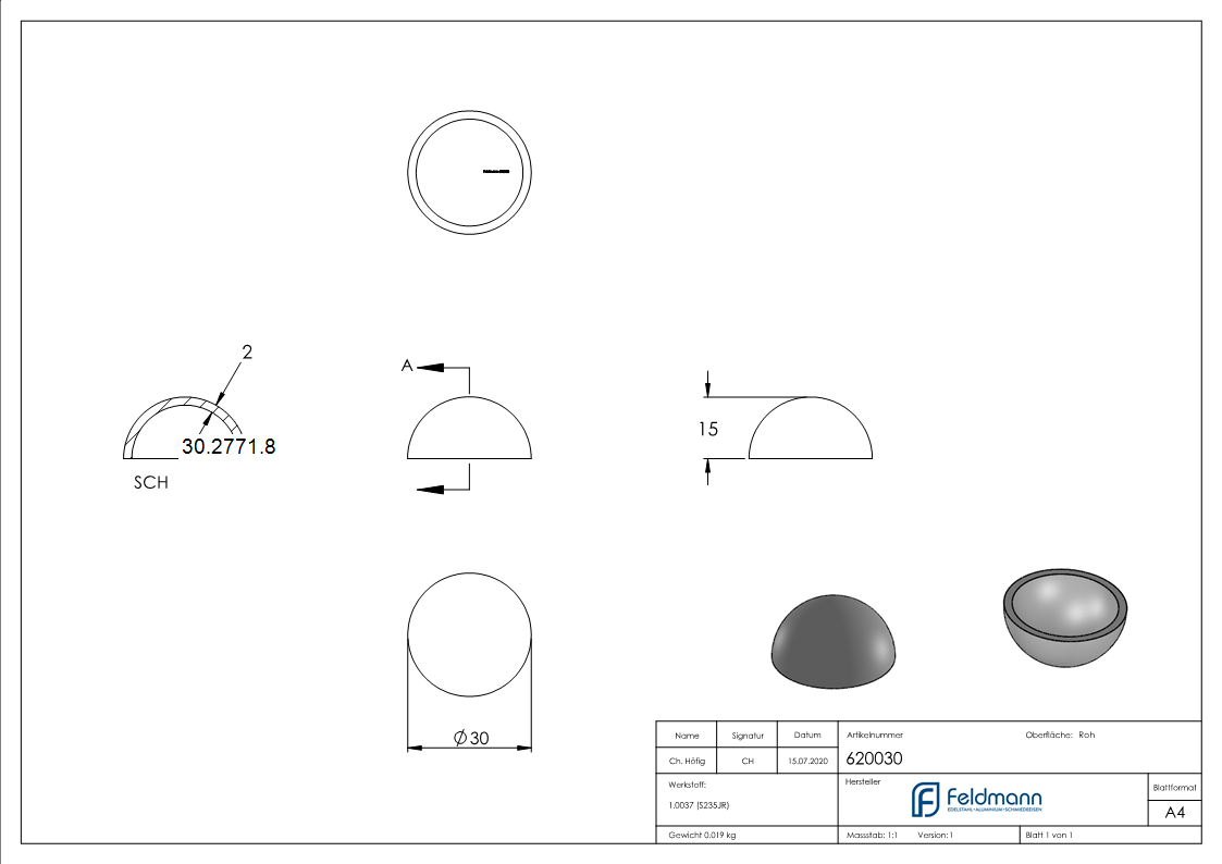 Halbhohlkugel Ø 30 mm - glatt - Stahl S235JR- roh-30-2771.8