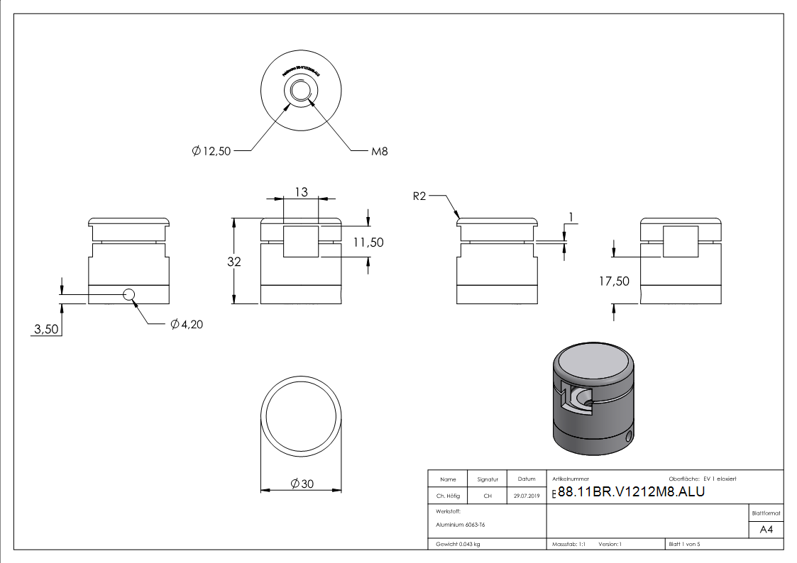 BRENK-fix® Grundhalter fuer Staebe 12 x 12mm- ALU-88-11BR-V1212M8.ALU