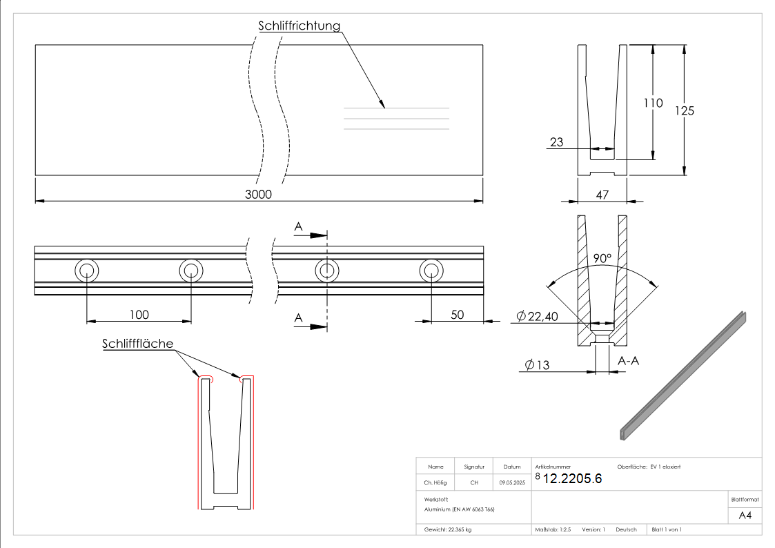 Alu-Profil - MASSIV2 - Laenge- 3000 mm - aufgesetzte Montage - Aluminium-12-2205.6