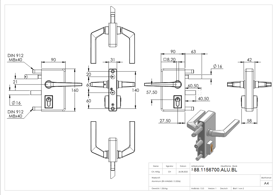 Gittertorschloss GTS 2 fuer Rohrstaerke 40-60mm- montagefertiges Set-88-1156700-ALU.BL