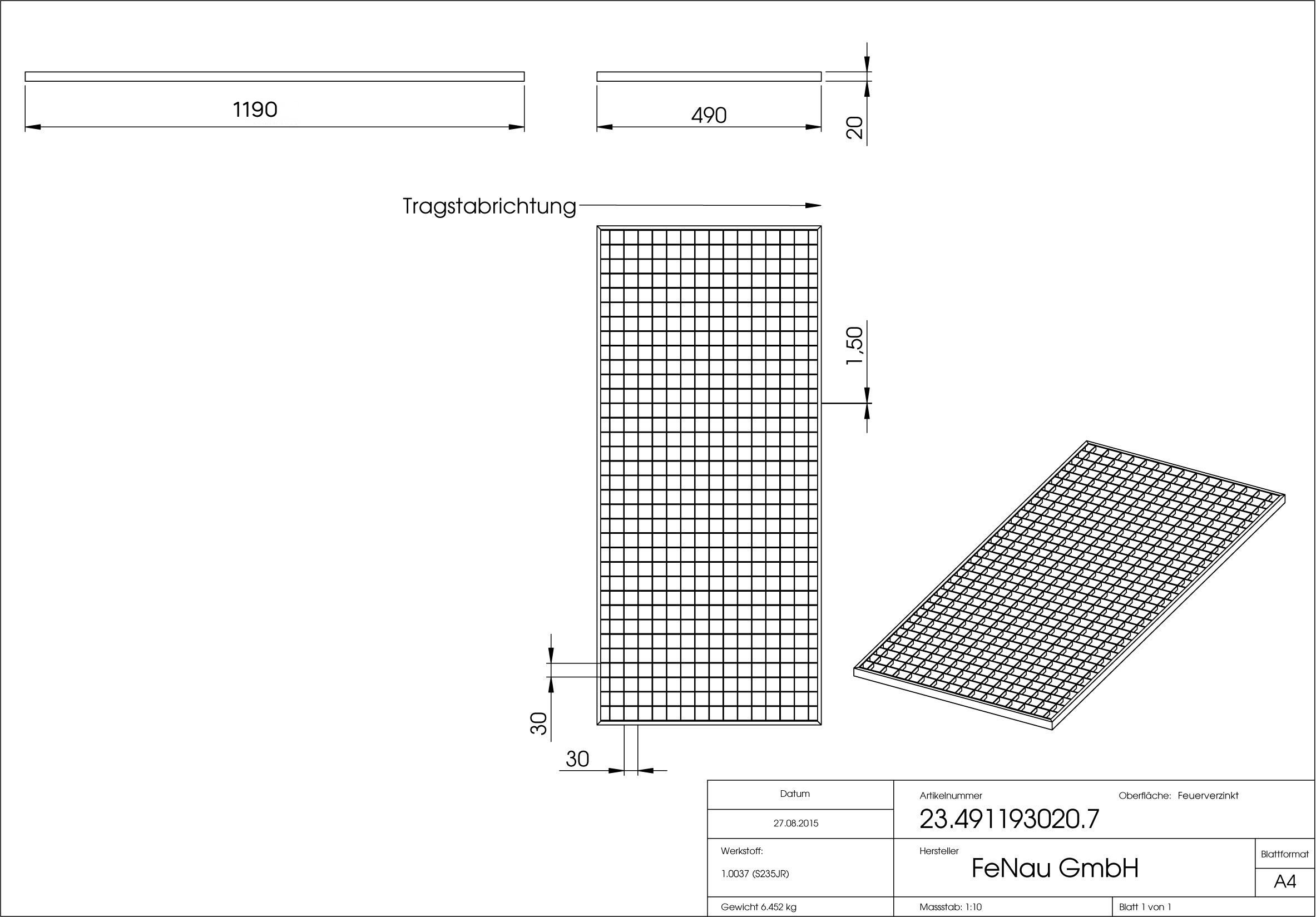 Lichtschachtrost Baunormrost - Masse-  490x1190x20 mm 30-30 mm - aus S235JR -St37-2- im Vollbad feuerverzinkt-23-491193020.7