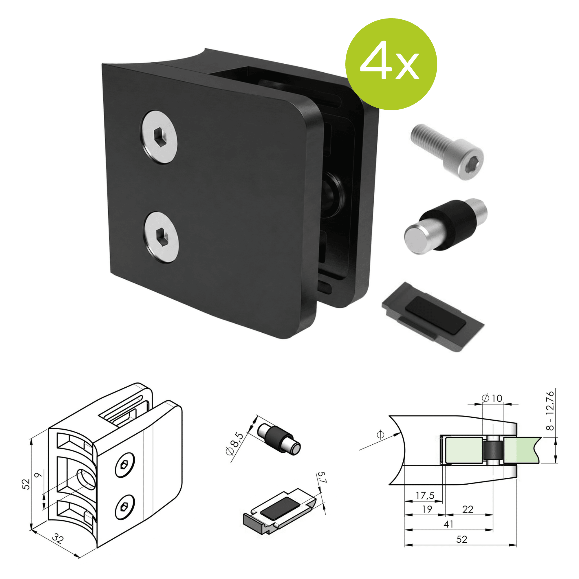 Glasklemme V2A Schwarz fuer Rohr 42-4 mm Glas 8-12-76 mm 4er Set-89-11ABL2600042SET4-A.4