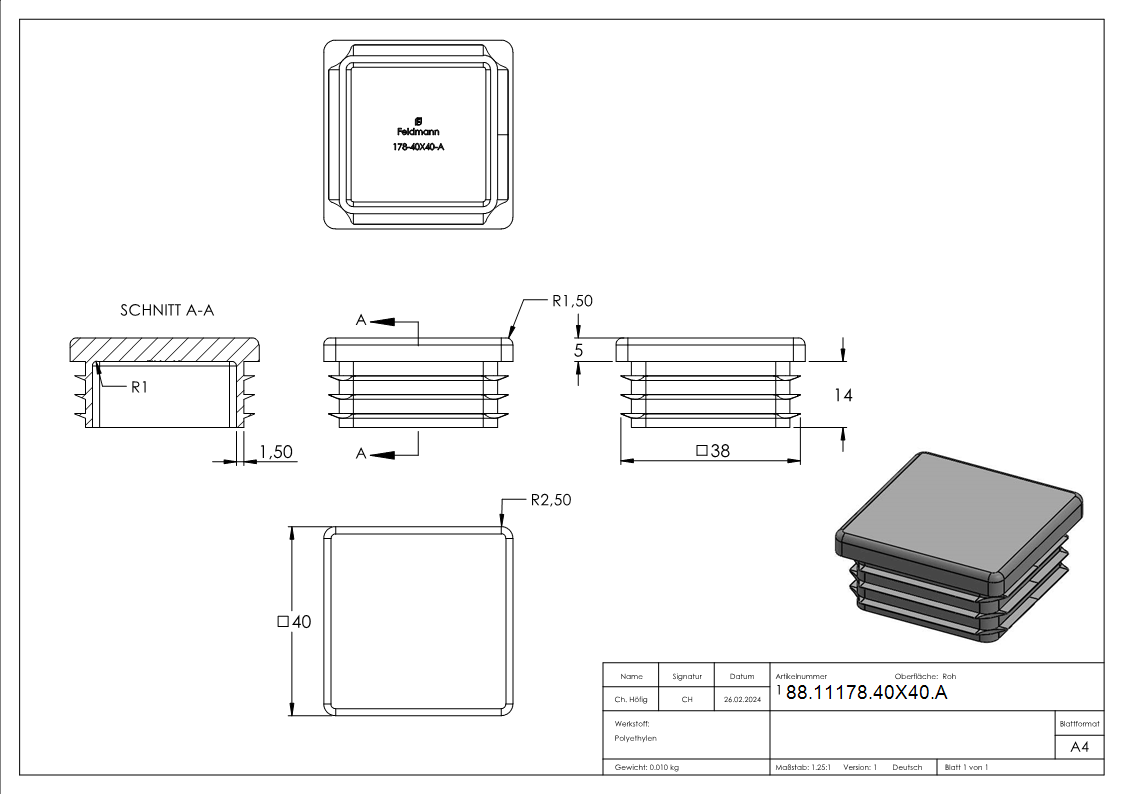 Einsteckkappe Kunststoff fuer Quadratrohr 40 x 40 mm- Wandstaerke 1-0–3-0 mm- RAL 7016-88-11178-40X40.A