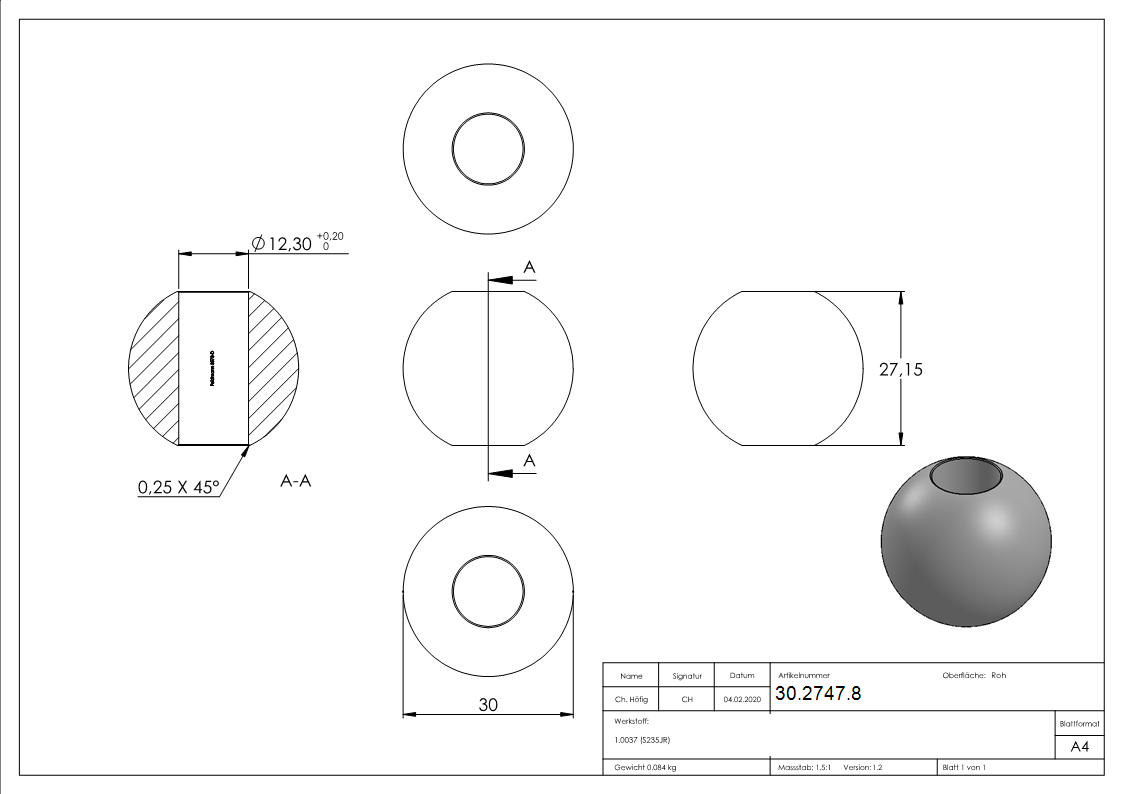 Kugel Ø 30 mm - mit Durchgangsbohrung 12-2 mm - Stahl S235JR- roh-30-2747.8