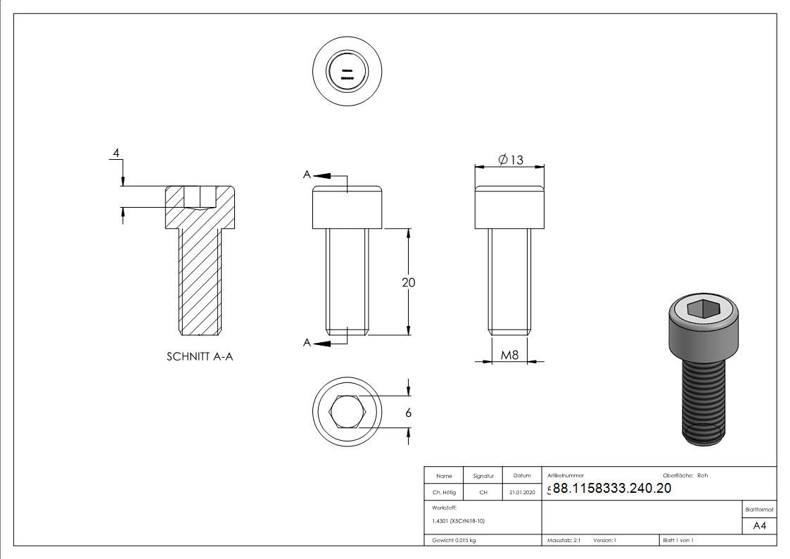 Zylinderkopfschraube V2A M8x20 DIN 912 Innensechskant-88-1158333-240.20