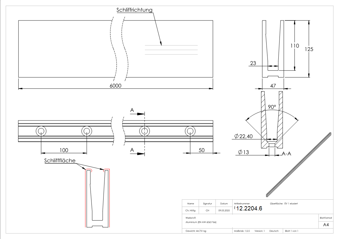 Alu-Profil - MASSIV2 - Laenge- 6000 mm - aufgesetzte Montage - Aluminium-12-2204.6