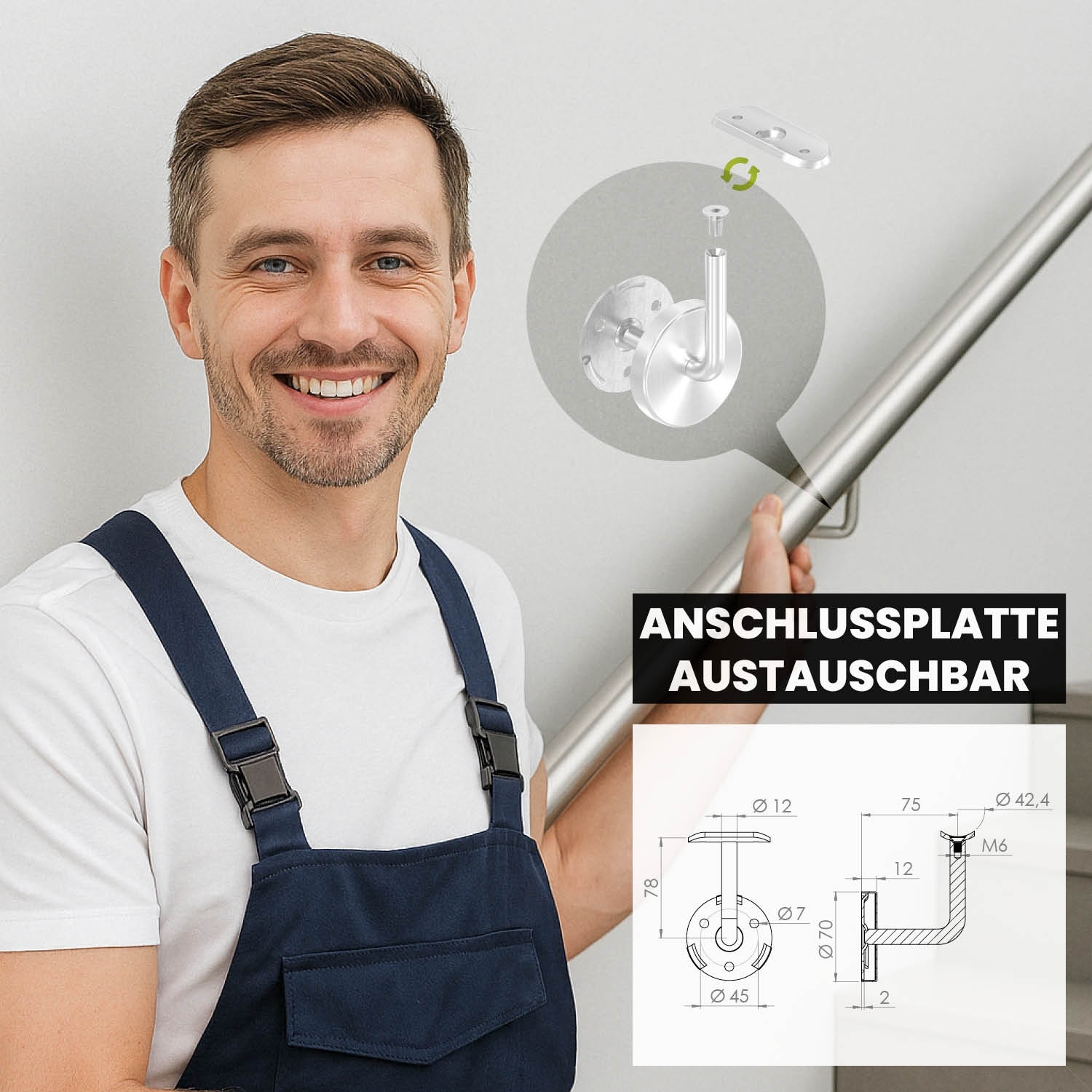 Handlaufhalter aus Edelstahl V2A – fuer Ø 42-4 mm Handlauf - mit Halteplatte zum Anschrauben-11-2081-A.4