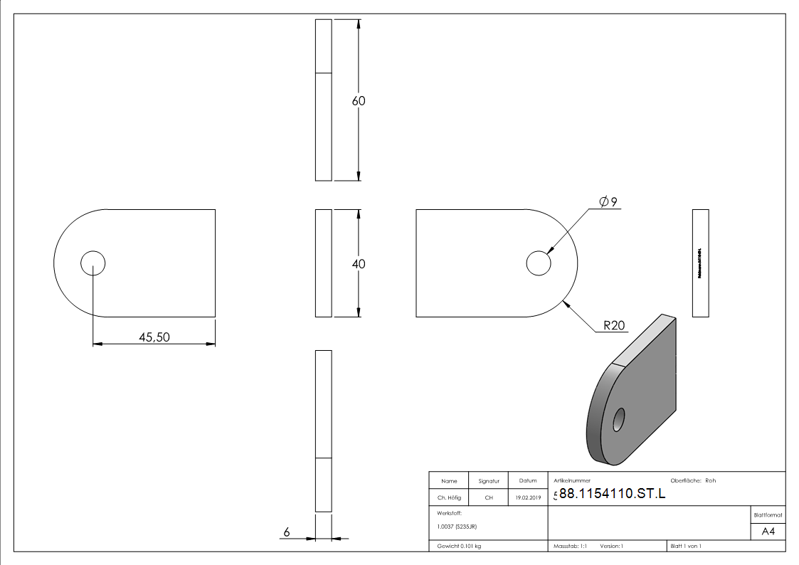 Anschweisslasche 60 x 40 x 6mm mit Rundloch 9mm-88-1154110-ST.L