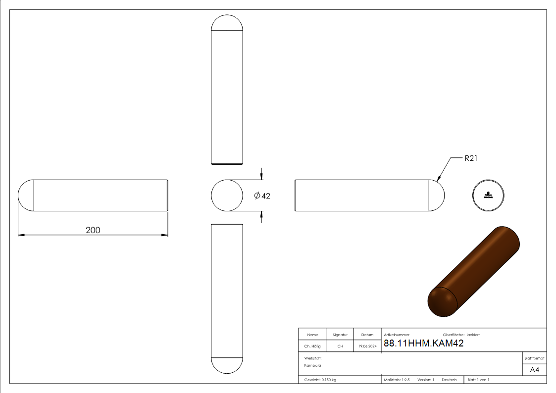 Holzhandlauf Kambala Ø 42mm- Laenge 200mm- lackiert-88-11HHM.KAM42