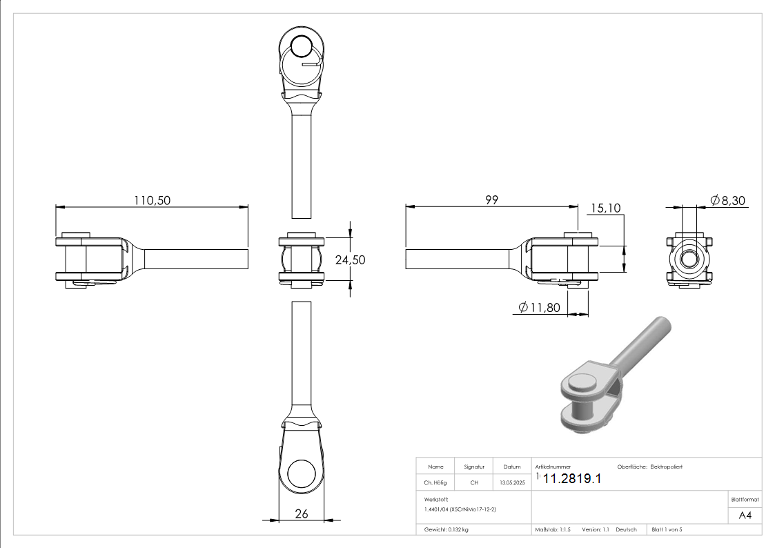 Gabelterminal zum Sebstverpressen - fuer Seil Ø 8 mm - V4A-11-2819.1