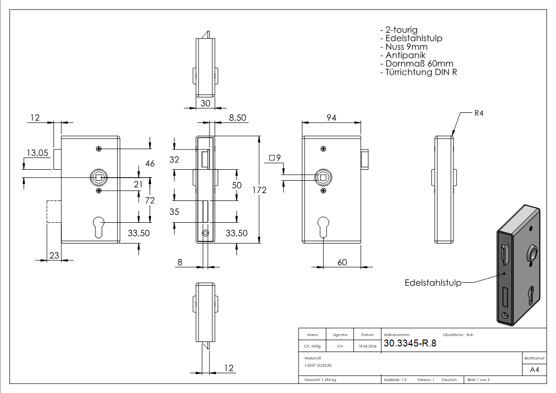 Anti-Panikschloss verzinkt 30x94x172mm Wechselfunktion E DIN R-30-3345-R.8
