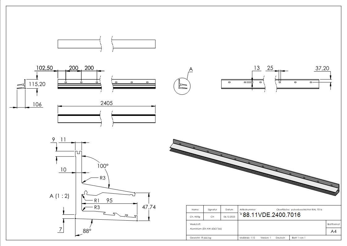 Vordachprofil eleganza canopy- L- 2405mm- RAL7016-88-11VDE-2400.7016