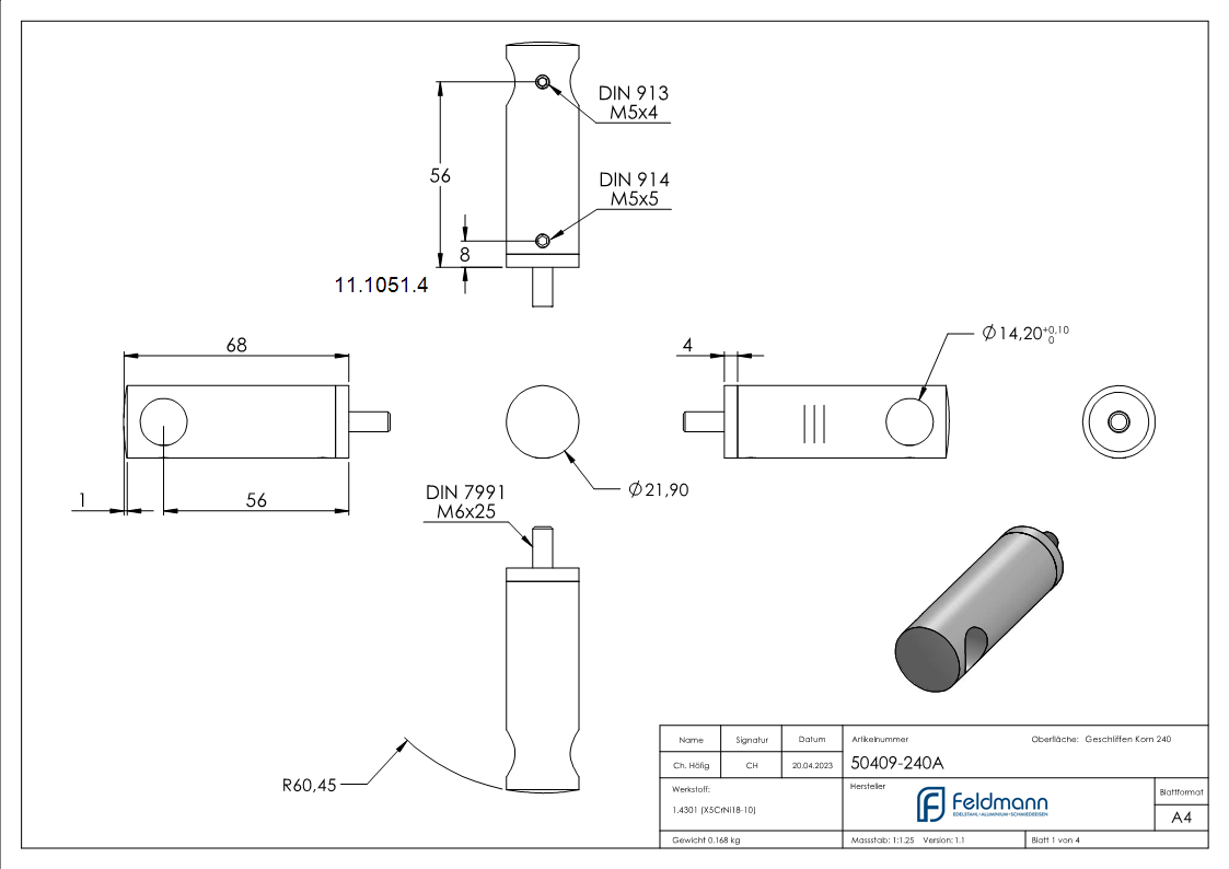 Querstabhalter V2A Edelstahl Lang 68 mm – Anschluss FLACH passend fuer Rundstaebe 14 mm inkl- Schrauben-11-1051.4