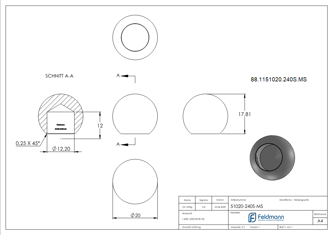 Messingkugel Ø 20mm mit Sackloch 12-2mm-88-1151020-240S.MS