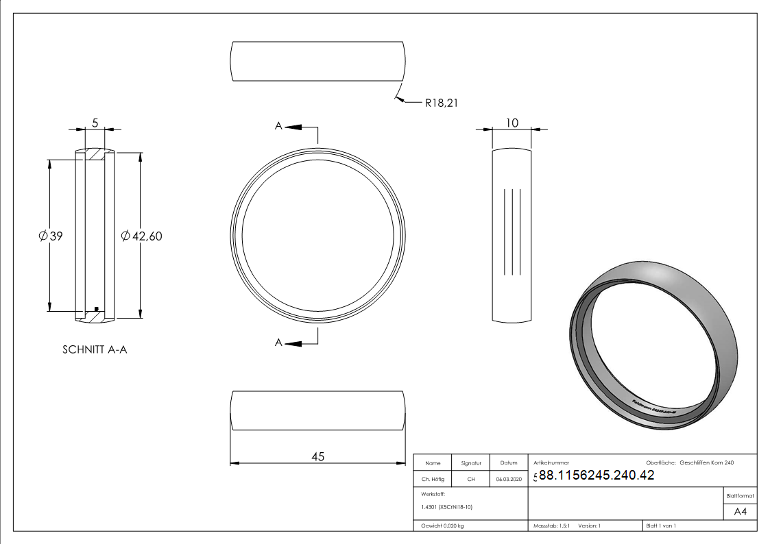 Rohrring V2A Ø 42-4 mm geschliffen K240-88-1156245-240.42