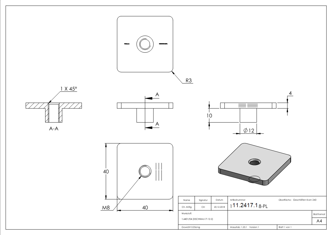 Platte fuer Rohr 40 x 40 mm zum Aufschweissen V4A-11-2417.1