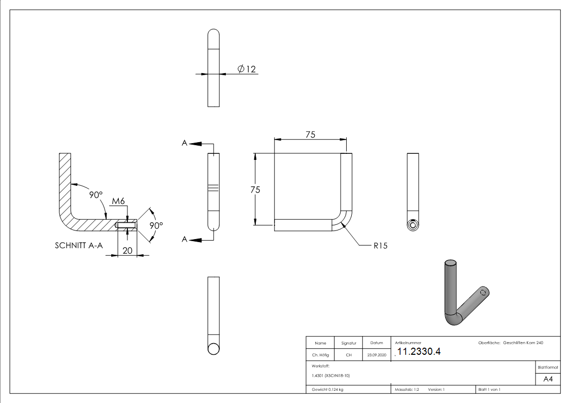 Edelstahl Buegel Ø 12 mm - M6 Innengewinde - zum Anschweissen -V2A-11-2330.4
