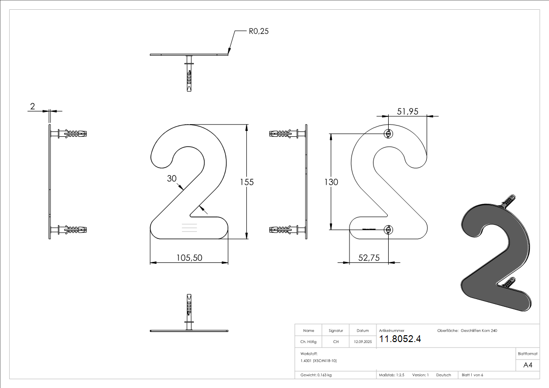 Hausnummer 2 - klein - Masse- 110 mm x 150 mm - V2A-11-8052.4