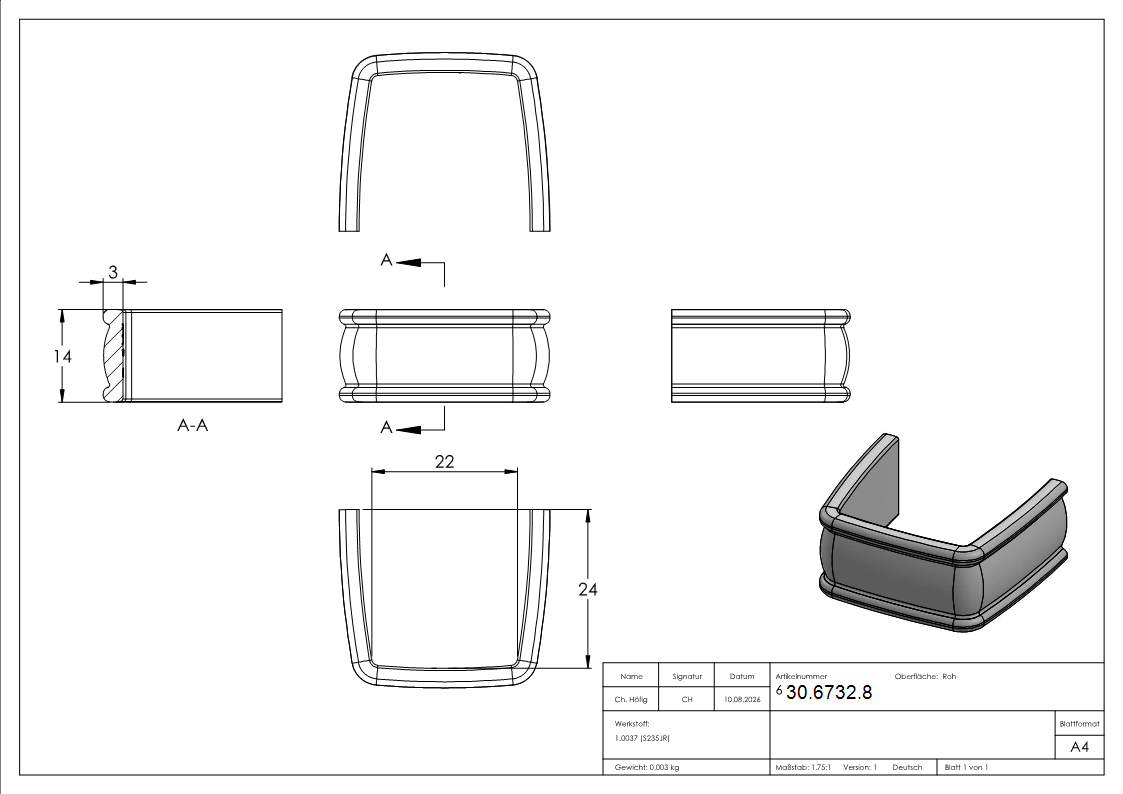 Bund - 1 Stueck - Material- 14x3 mm - Innenmass- 22x24 mm - Stahl -Roh- S235JR-30-6732.8