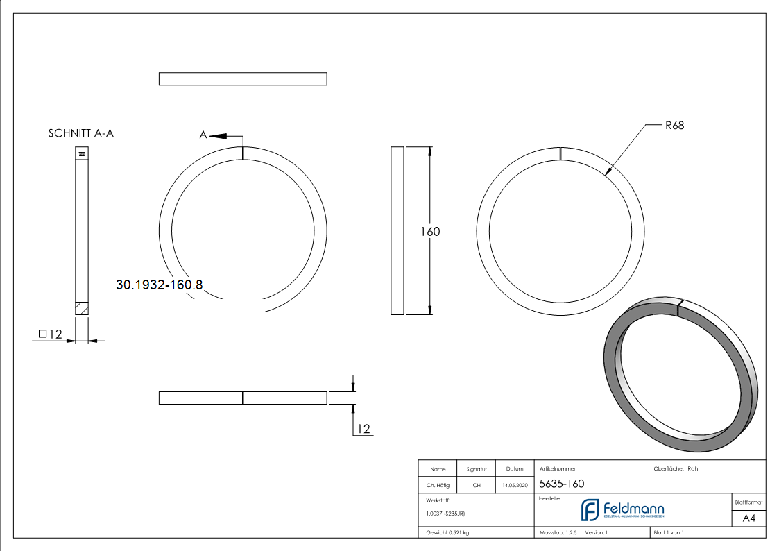 Ring - Material- 12x12 mm - Aussen-Ø 160 mm - Stahl S235JR- roh-30-1932-160.8