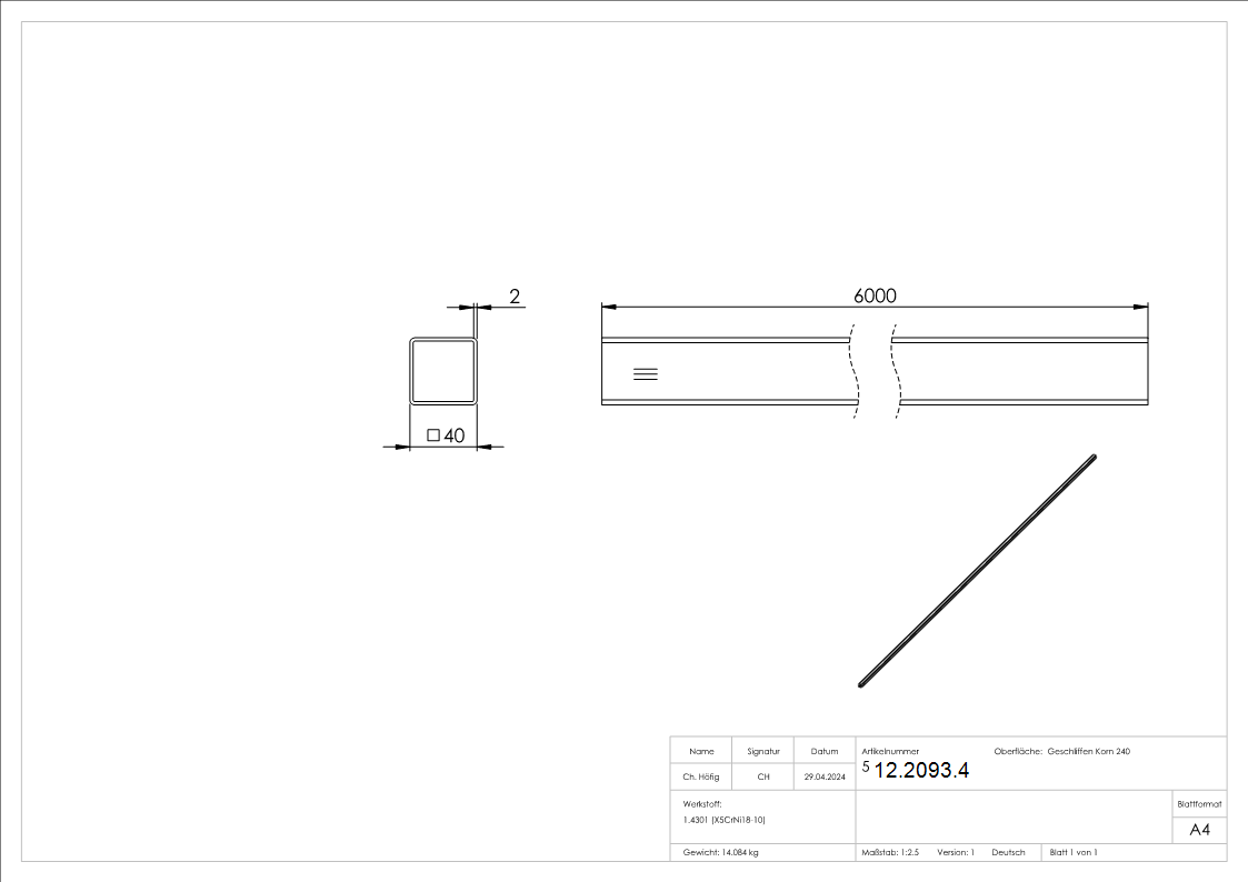 Vierkantrohr 40x40x2-0 mm á 6 m V2A Edelstahl-12-2093.4