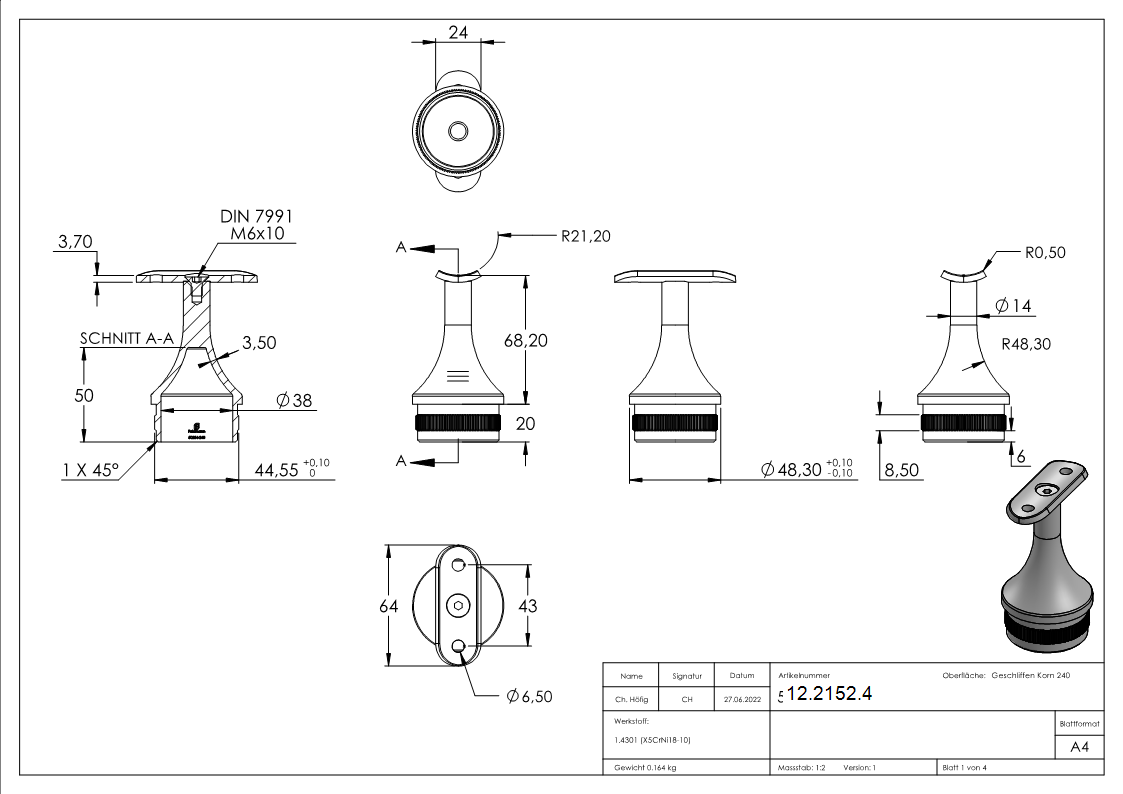 Stuetze mit Halteplatte fuer Rundrohr Ø 42-4 mm - Stopfen fuer 48-3x2-0 mm V2A-12-2152.4