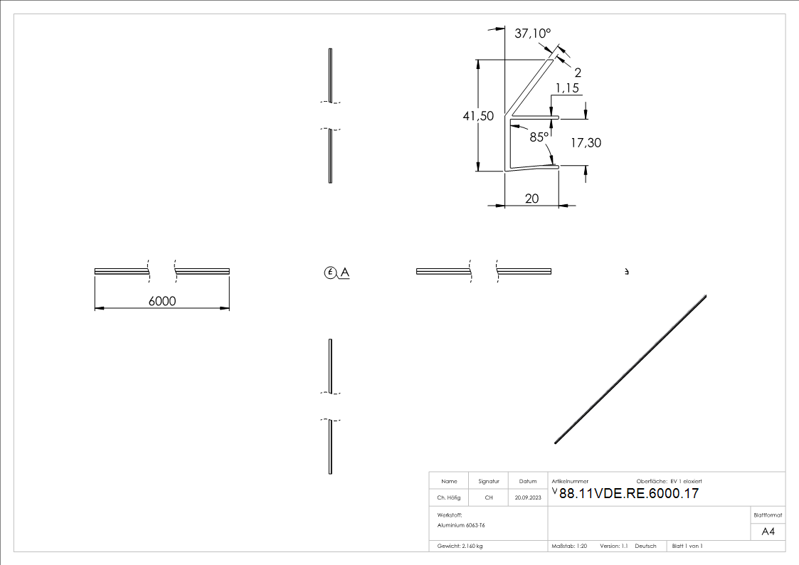 Regenrinne fuer Vordaecher- Glas 17-52mm- L=6000mm- E4-EV1-88-11VDE-RE-6000.17