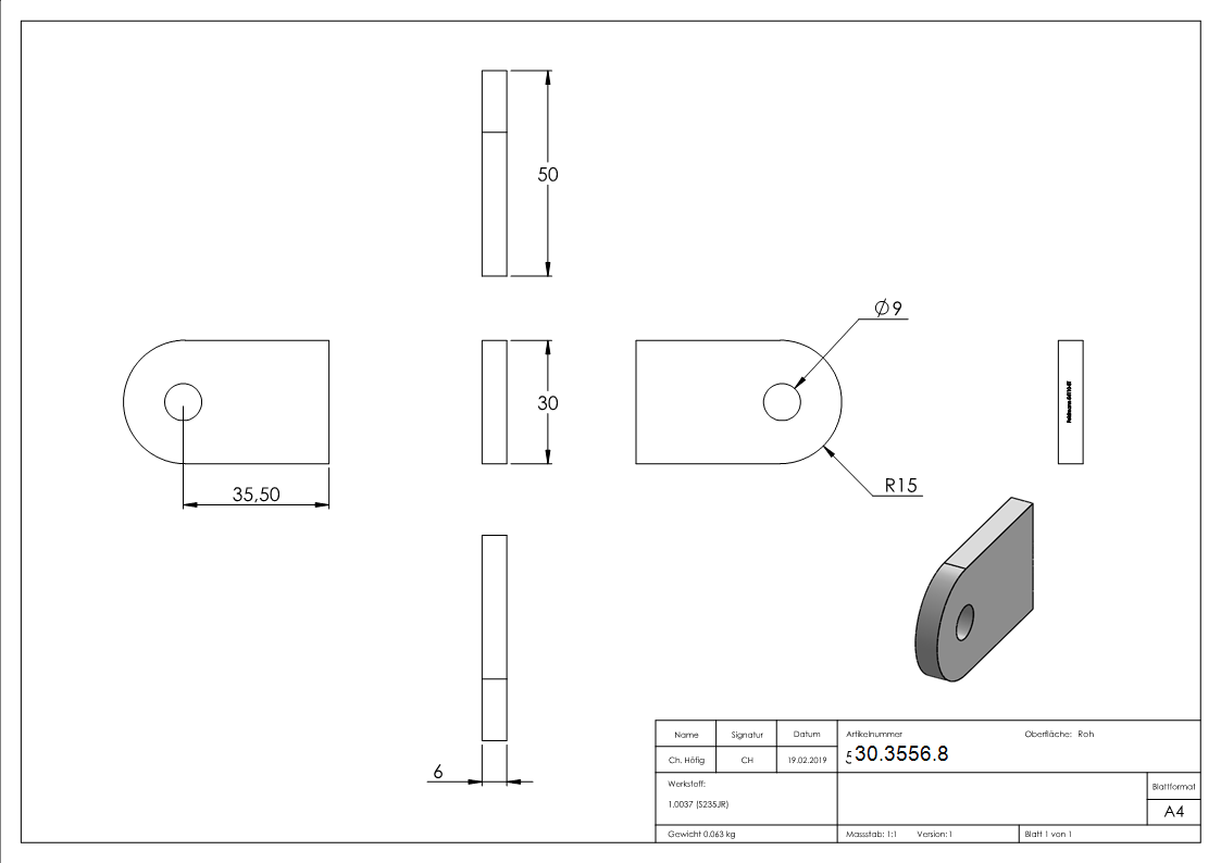 Anschweisslasche - Masse- 50x30x6 mm - Rundloch- Ø 9 mm - Stahl -roh- S235JR-30-3556.8