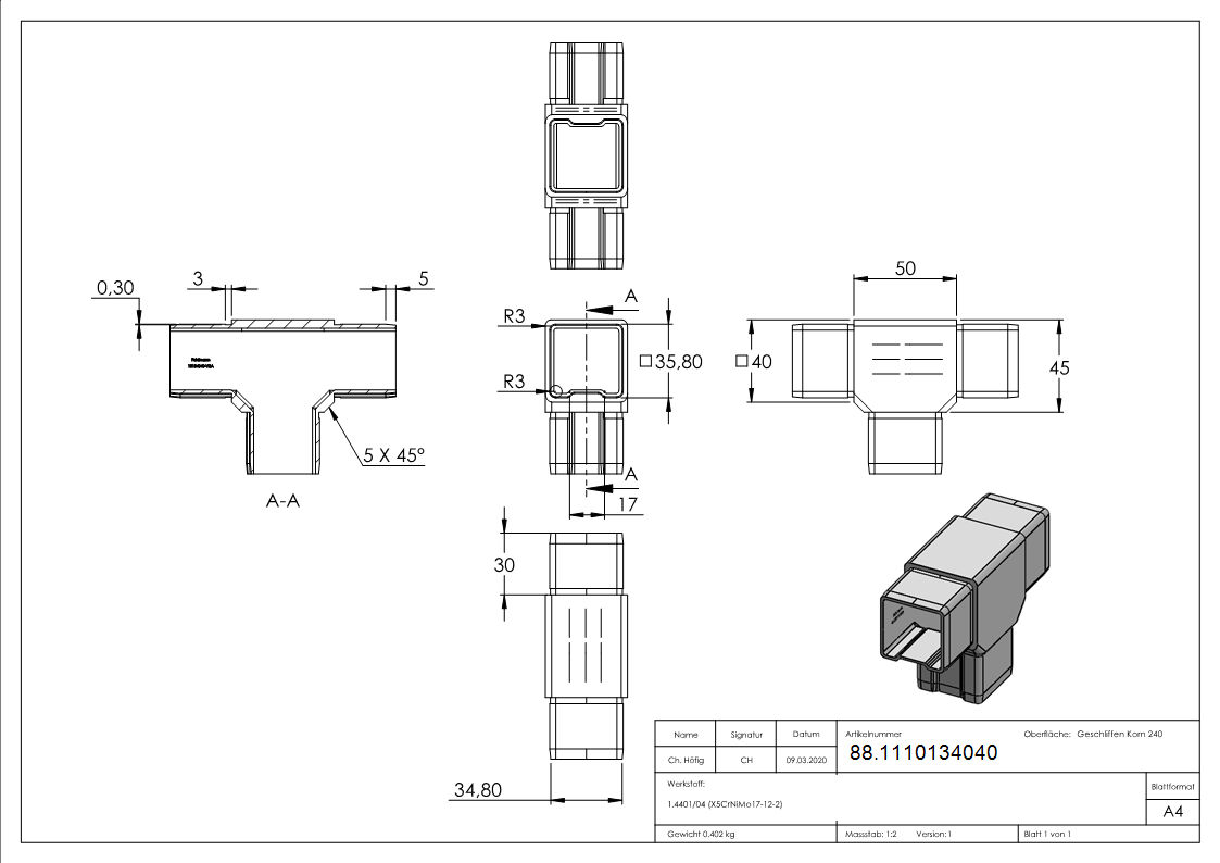 T-Verbinder V4A fuer Rohr 40x40x2 mm zum Stecken-88.1110134040