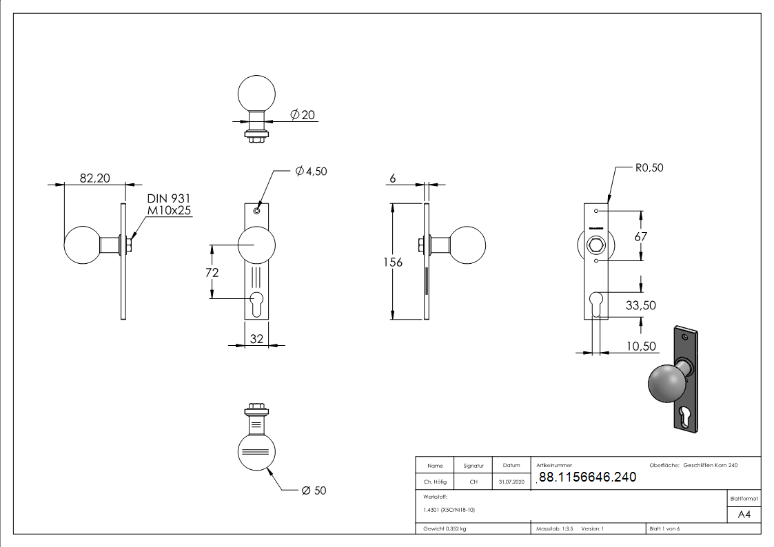 Tuerknopf- Ø 50mm- mit Langschild- V2A-88-1156646.240