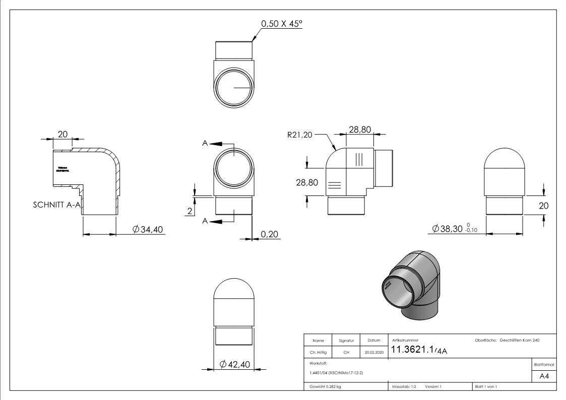 Rohrbogen V4A fuer Rohr Ø 42-4 x 2-0 mm 90° eng-11-3621.1