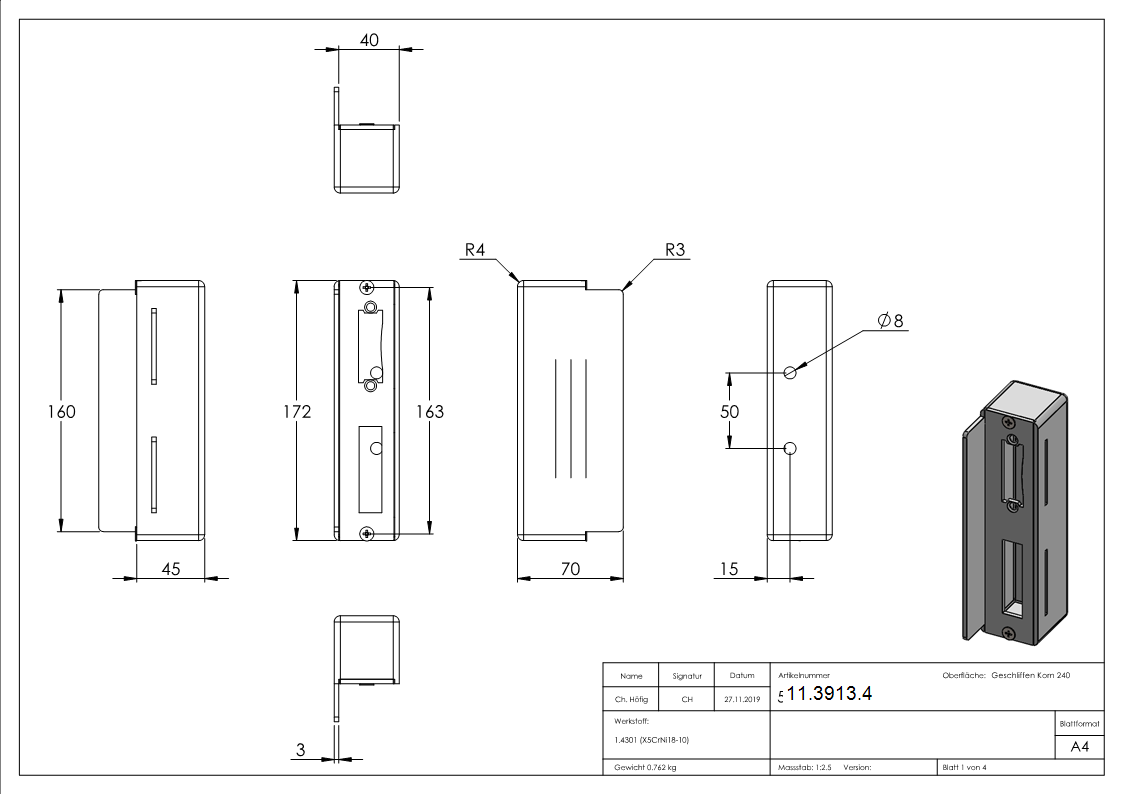 Gegenkasten fuer Schlosskaesten 40 mm V2A-11-3913.4