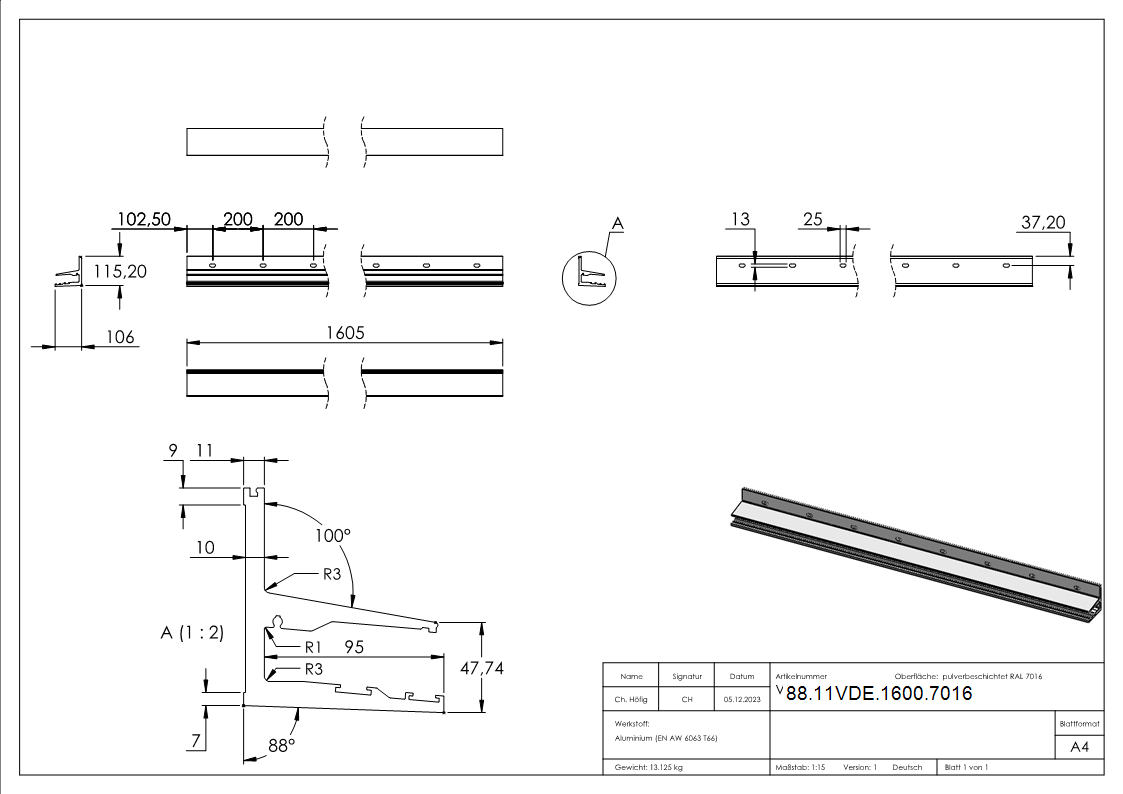 Vordachprofil eleganza canopy- L- 1605mm- RAL7016-88-11VDE-1600.7016