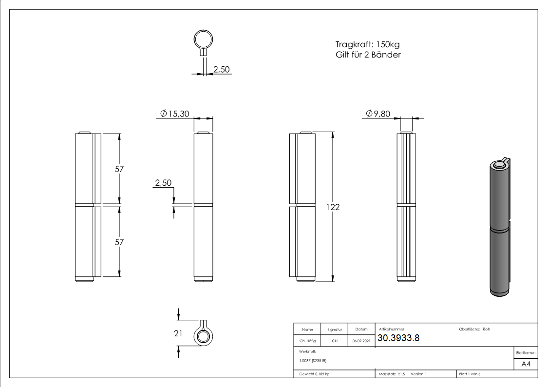 Anschweissband - 2-teilig - Tragkraft- 350kg - Stahl S235JR- roh-30-3933.8
