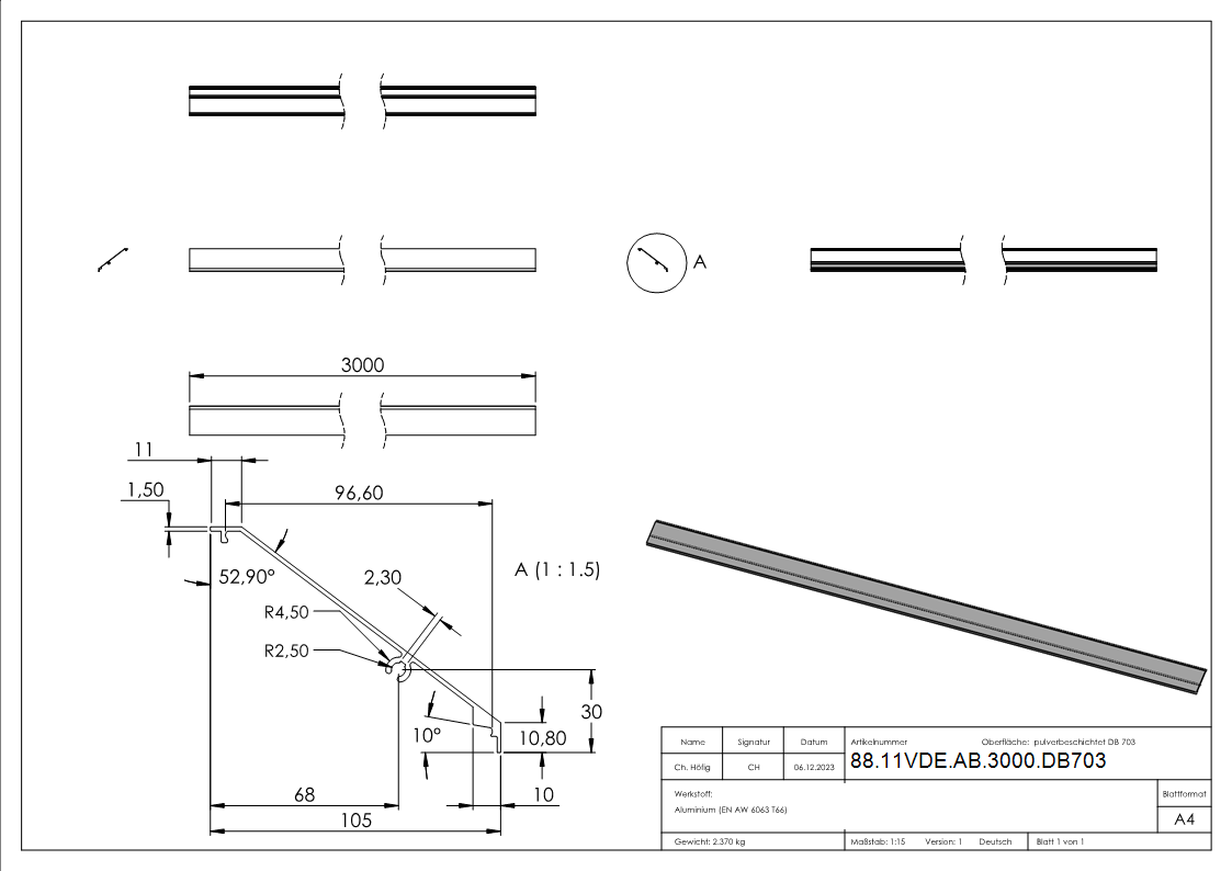 Design-Abdeckung fuer eleganza canopy- L- 3000mm- DB703-88-11VDE-AB-3000.DB703