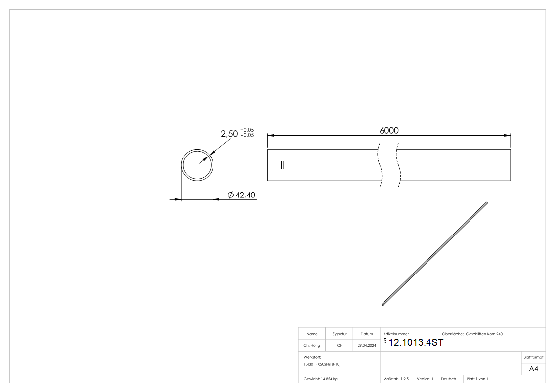 Rundrohr Ø 42-4 x 2-6 mm geeignet fuer Steckverbindungen á 6 m Edelstahl-12-1013.4ST