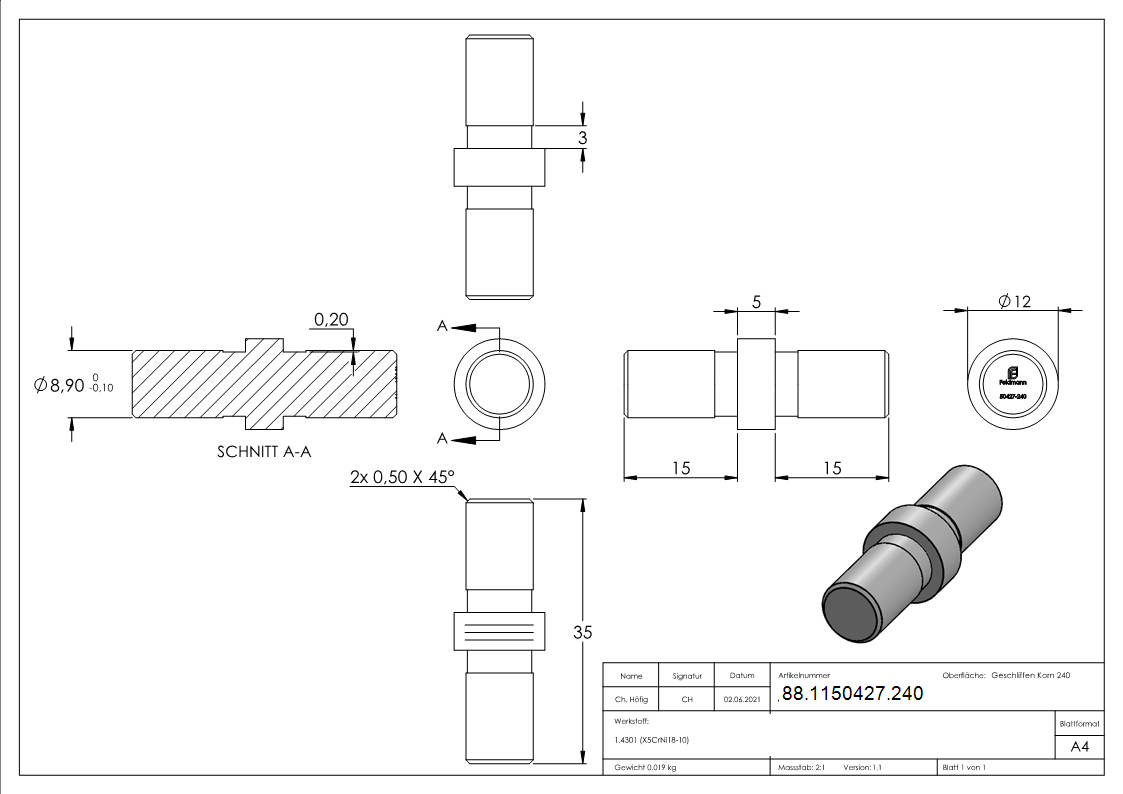 Rohrverbinder V2A fuer Rohr Ø 12 x 1-5 mm Mittelstueck 5 mm-88-1150427.240
